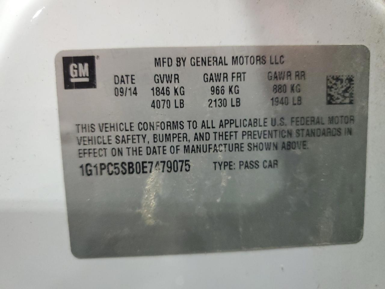 2014 Chevrolet Cruze Lt VIN: 1G1PC5SB0E7479075 Lot: 62767335