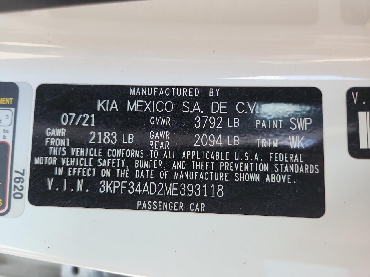 2021 Kia Forte Gt Line VIN: 3KPF34AD2ME393118 Lot: 62950275
