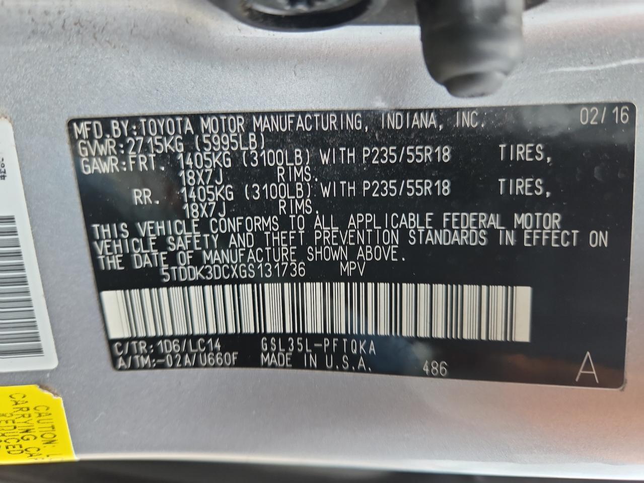 2016 Toyota Sienna Xle VIN: 5TDDK3DCXGS131736 Lot: 64491865