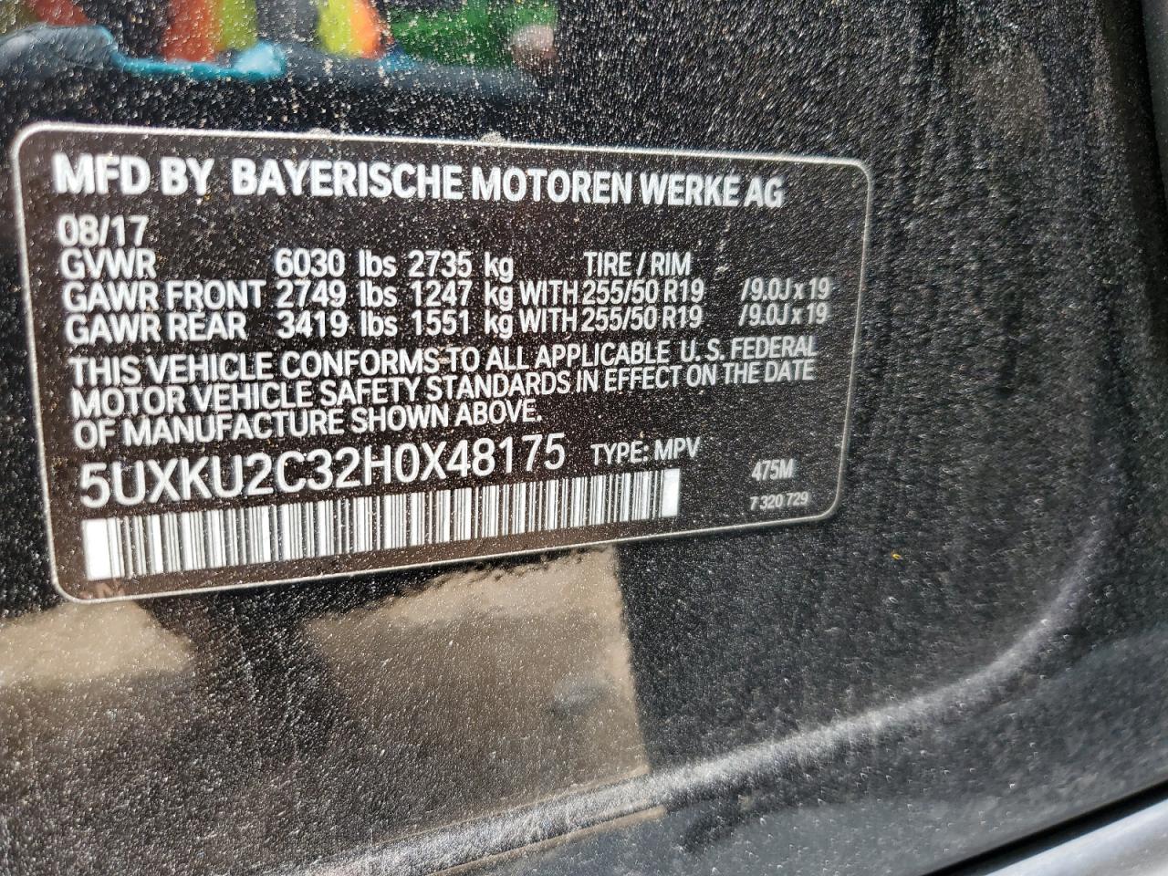 2017 BMW X6 xDrive35I VIN: 5UXKU2C32H0X48175 Lot: 63558615