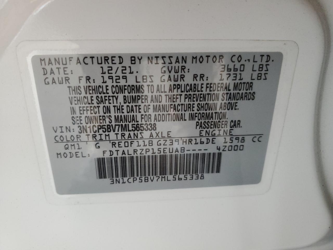 2021 Nissan Kicks S VIN: 3N1CP5BV7ML565338 Lot: 64006445