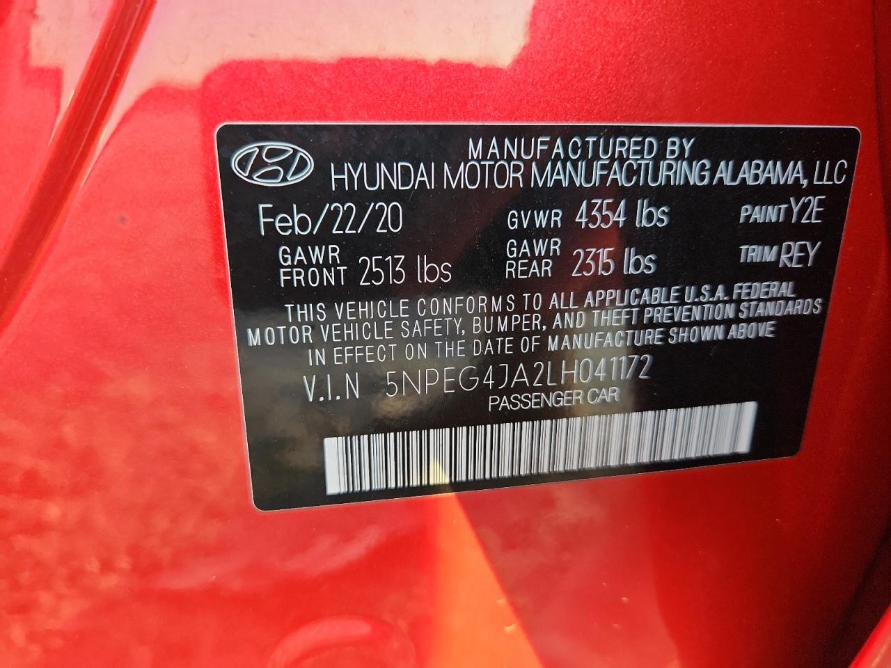2020 Hyundai Sonata Se VIN: 5NPEG4JA2LH041172 Lot: 63140085