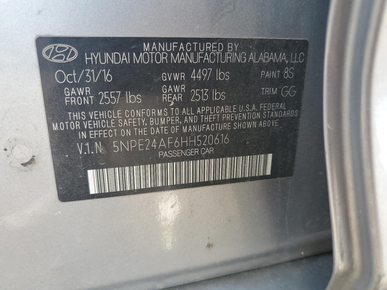 2017 Hyundai Sonata Se VIN: 5NPE24AF6HH520616 Lot: 65092655