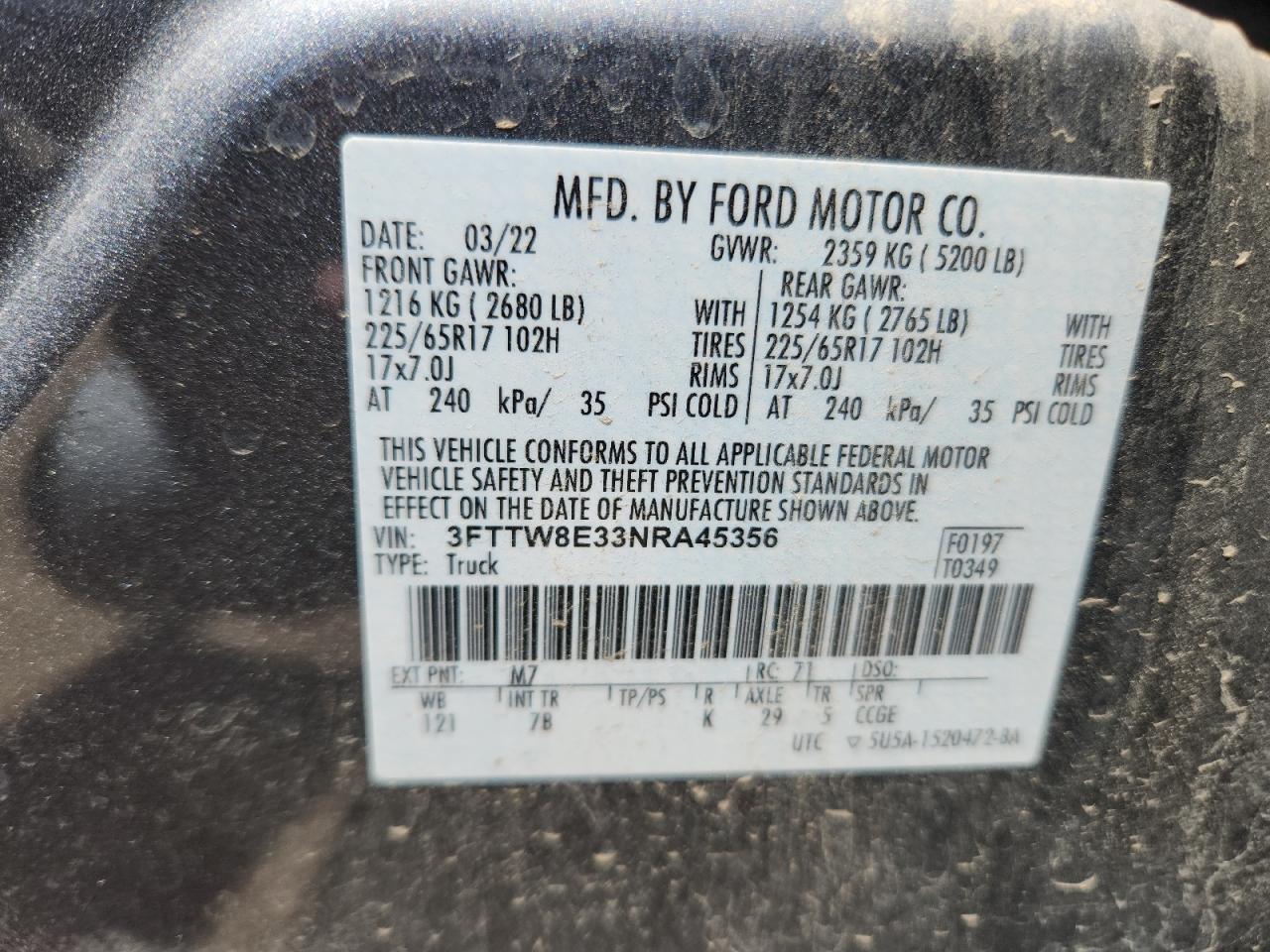 2022 Ford Maverick Xl VIN: 3FTTW8E33NRA45356 Lot: 64401815