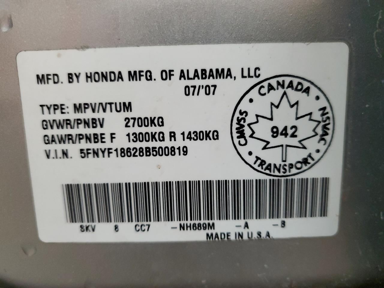 2008 Honda Pilot Exl VIN: 5FNYF18628B500819 Lot: 63230395