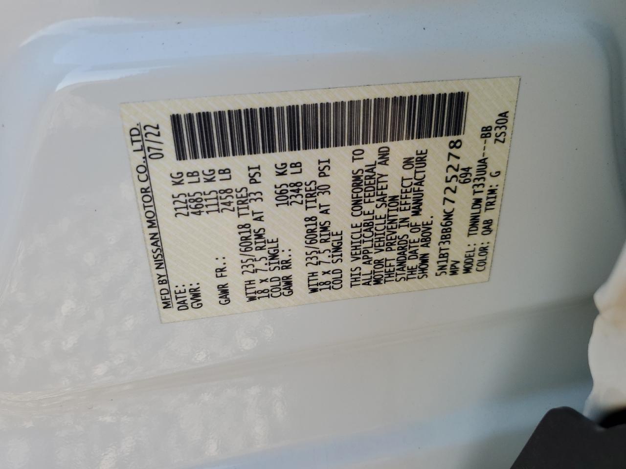 2022 Nissan Rogue Sv VIN: 5N1BT3BB6NC725278 Lot: 62904805