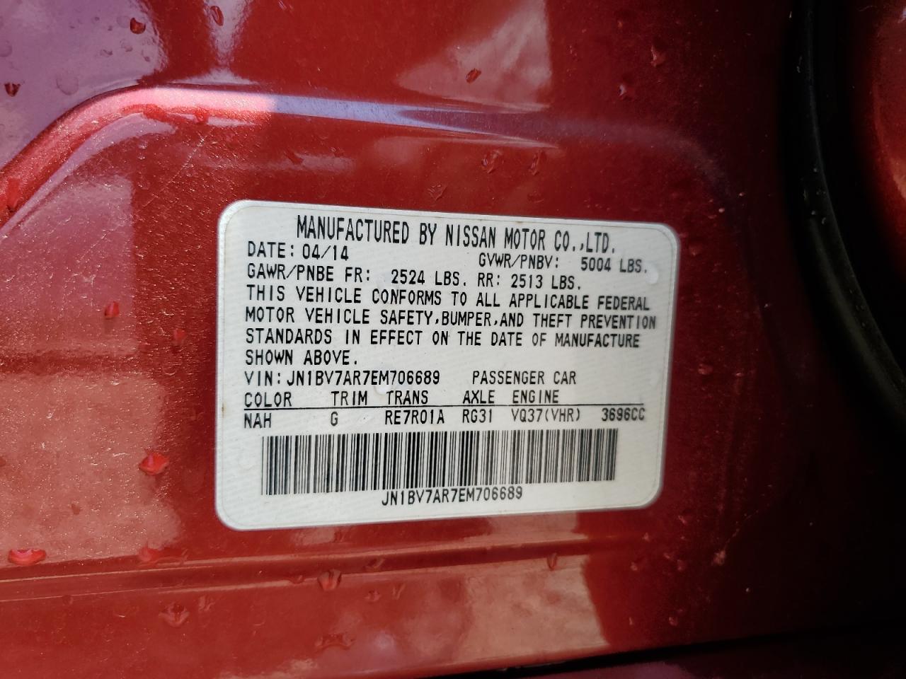 2014 Infiniti Q50 Base VIN: JN1BV7AR7EM706689 Lot: 63853465