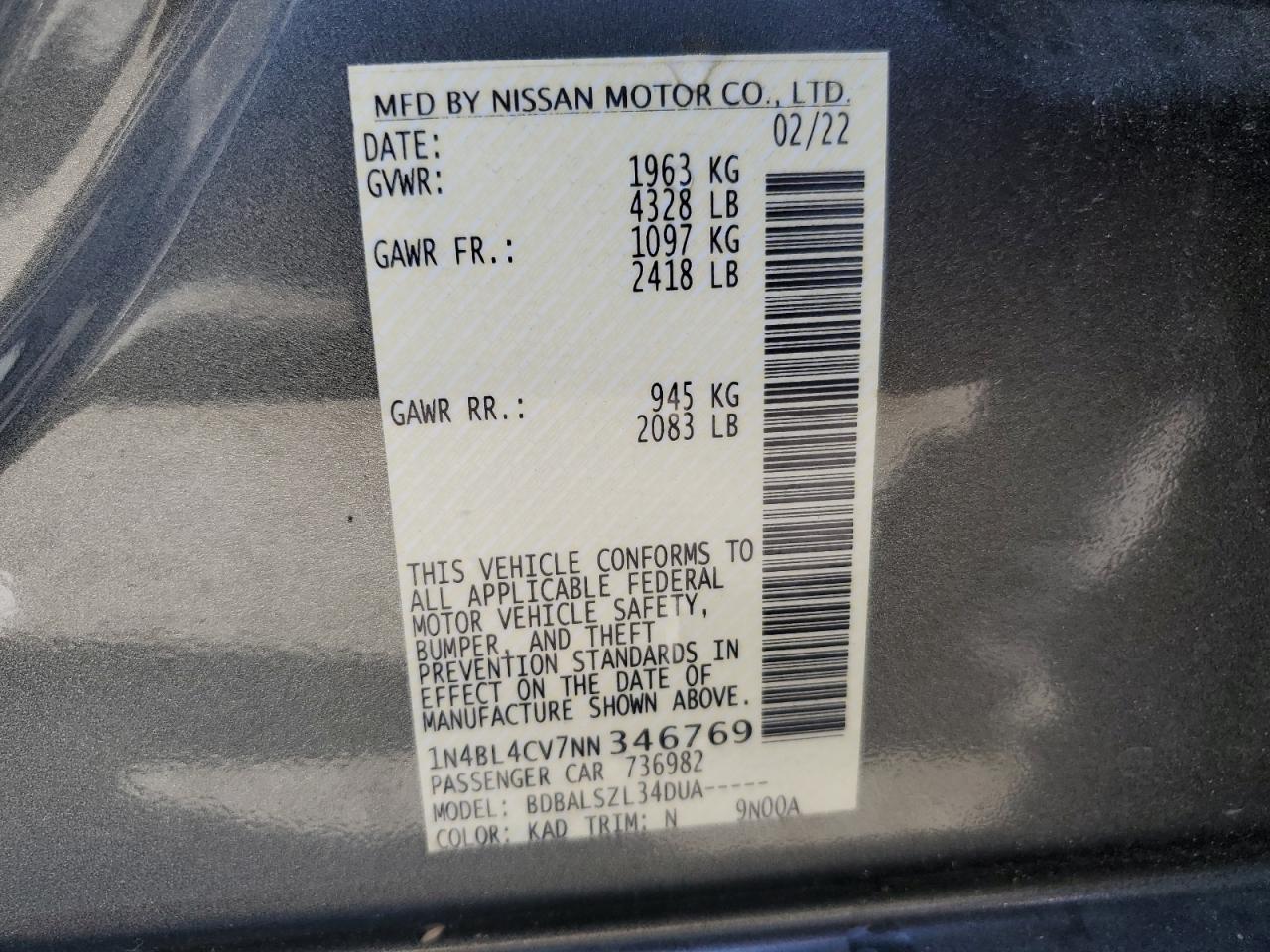 2022 Nissan Altima Sr VIN: 1N4BL4CV7NN346769 Lot: 64089985
