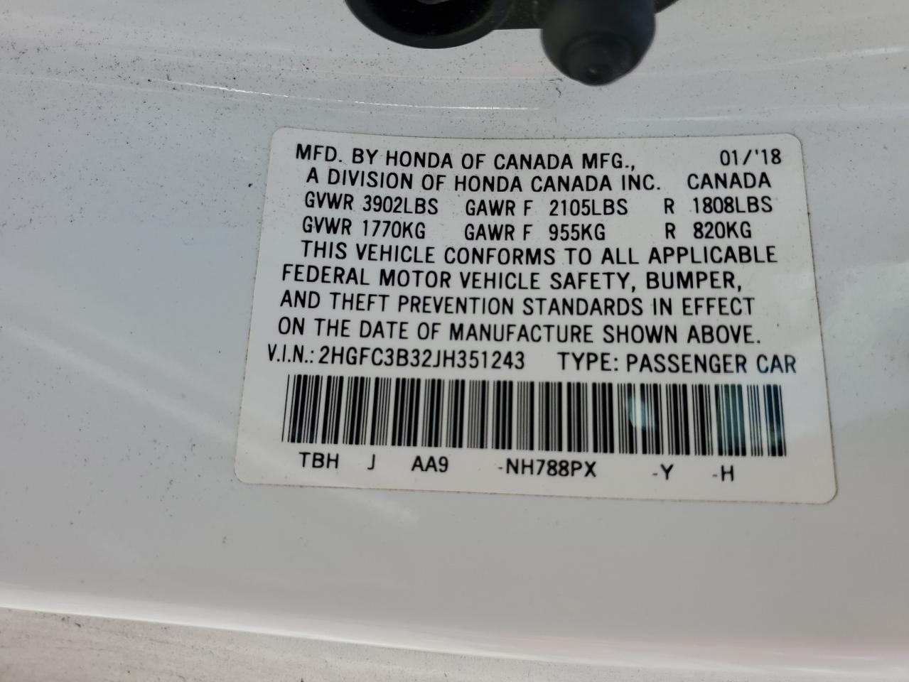 2018 Honda Civic Ex VIN: 2HGFC3B32JH351243 Lot: 64840285