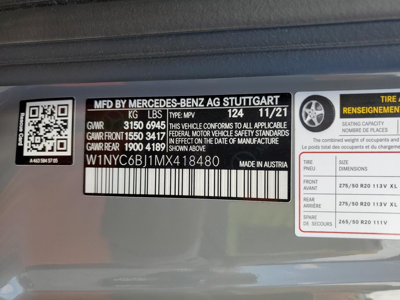 2021 Mercedes-Benz G 550 VIN: W1NYC6BJ1MX418480 Lot: 64115055