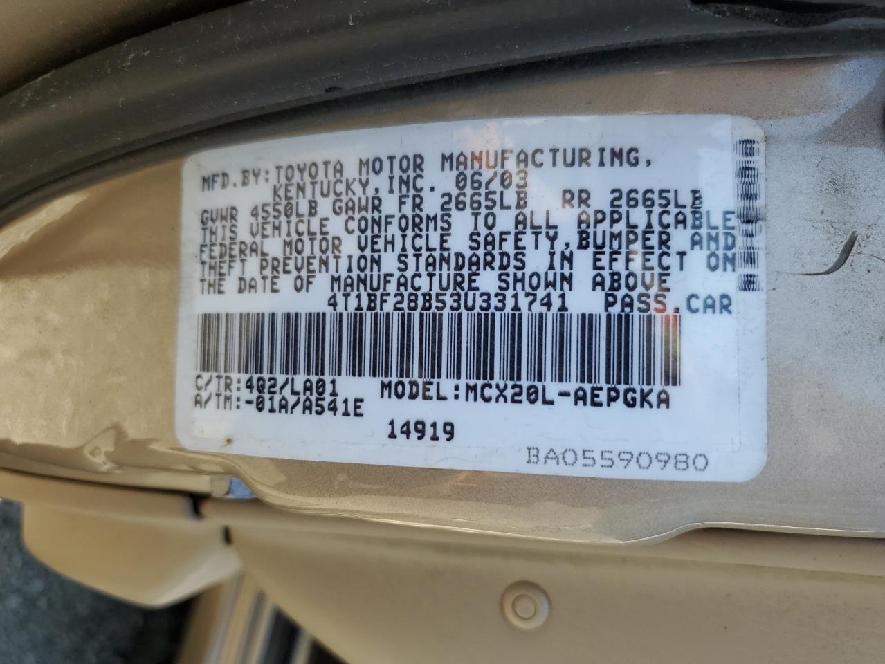 2003 Toyota Avalon Xl VIN: 4T1BF28B53U331741 Lot: 66653435