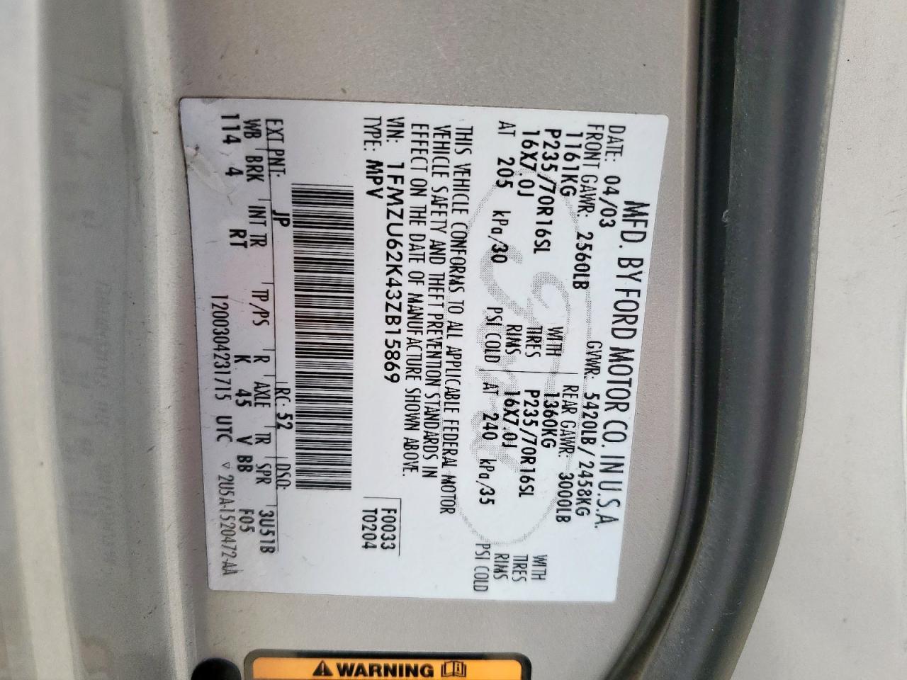 2003 Ford Explorer Xls VIN: 1FMZU62K43ZB15869 Lot: 64329445