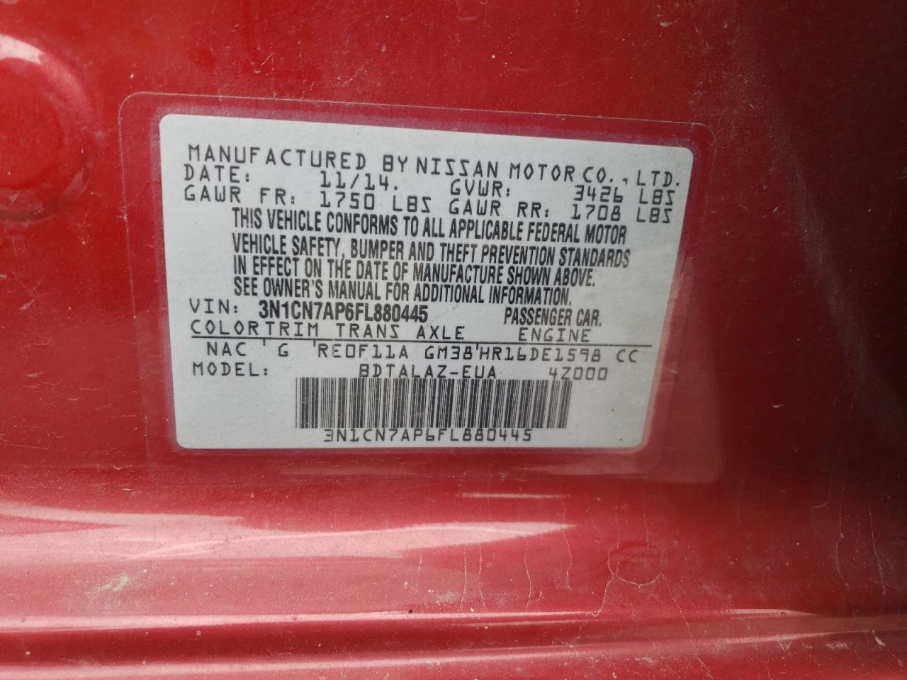 2015 Nissan Versa S VIN: 3N1CN7AP6FL880445 Lot: 65249545