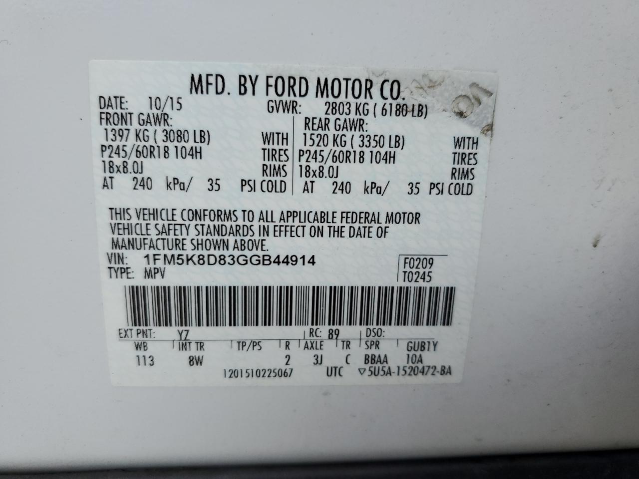 2016 Ford Explorer Xlt VIN: 1FM5K8D83GGB44914 Lot: 63530835