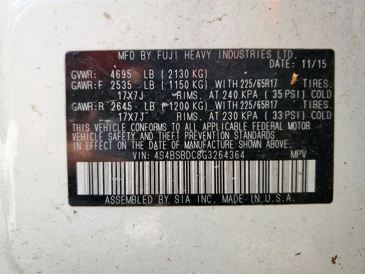 2016 Subaru Outback 2.5I Premium VIN: 4S4BSBDC8G3264364 Lot: 65230675