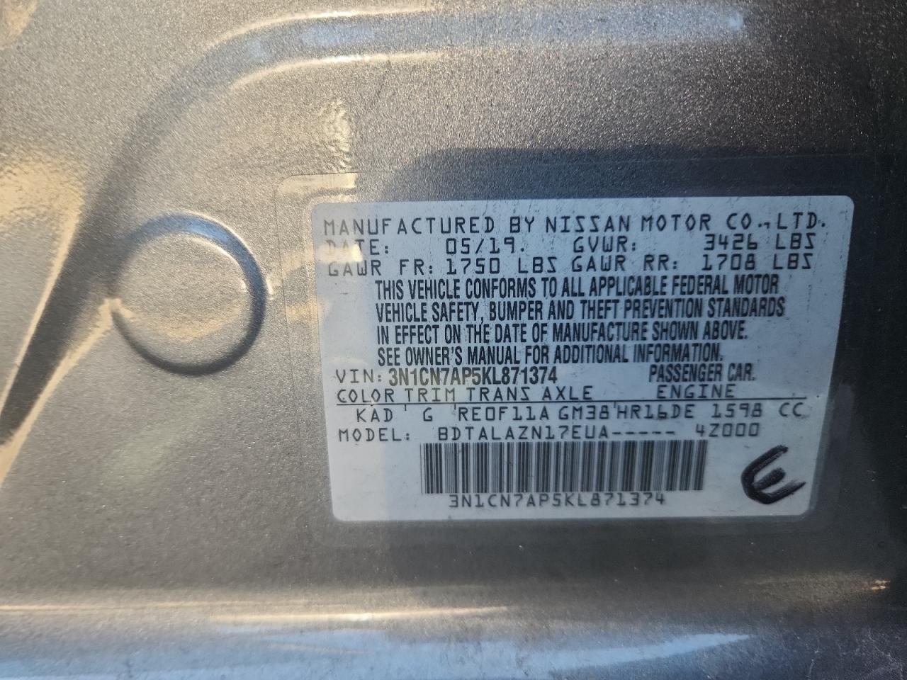 2019 Nissan Versa S VIN: 3N1CN7AP5KL871374 Lot: 65169515