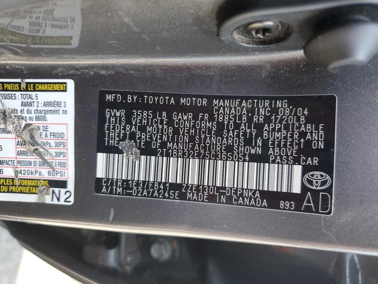 2005 Toyota Corolla Ce VIN: 2T1BR32E75C365054 Lot: 66957225