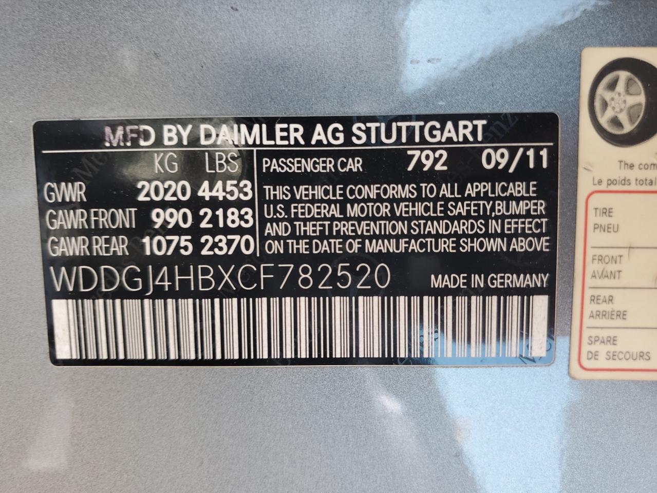 2012 Mercedes-Benz C 250 VIN: WDDGJ4HBXCF782520 Lot: 64447245