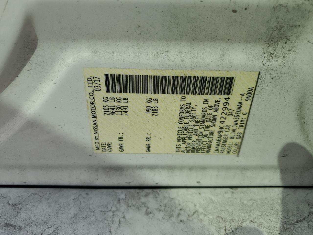 2017 Nissan Maxima 3.5S VIN: 1N4AA6AP9HC422994 Lot: 65698865