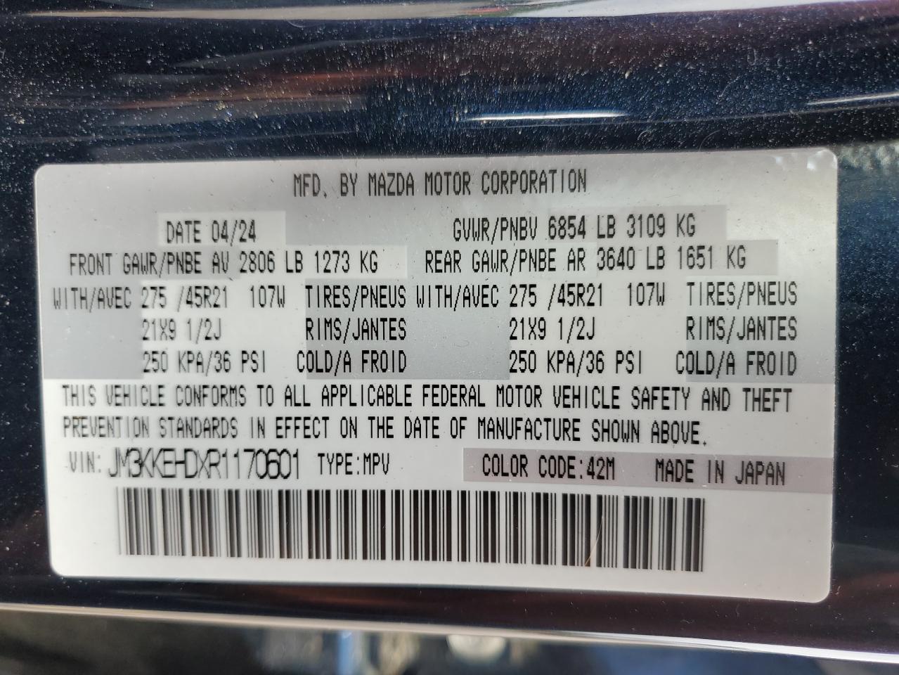 2024 Mazda Cx-90 Premium Plus VIN: JM3KKEHDXR1170601 Lot: 64096775