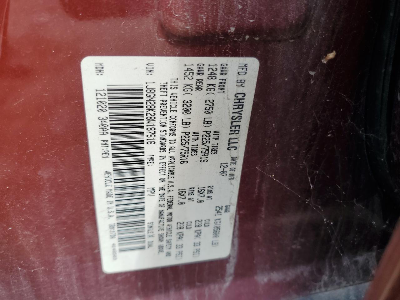 2008 Jeep Liberty Sport VIN: 1J8GN28K28W187616 Lot: 65614725