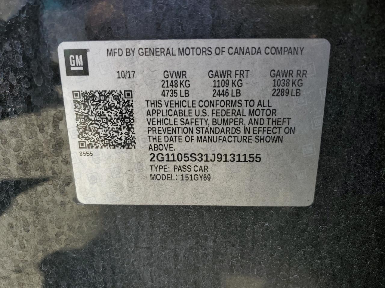 2018 Chevrolet Impala Lt VIN: 2G1105S31J9131155 Lot: 63090595