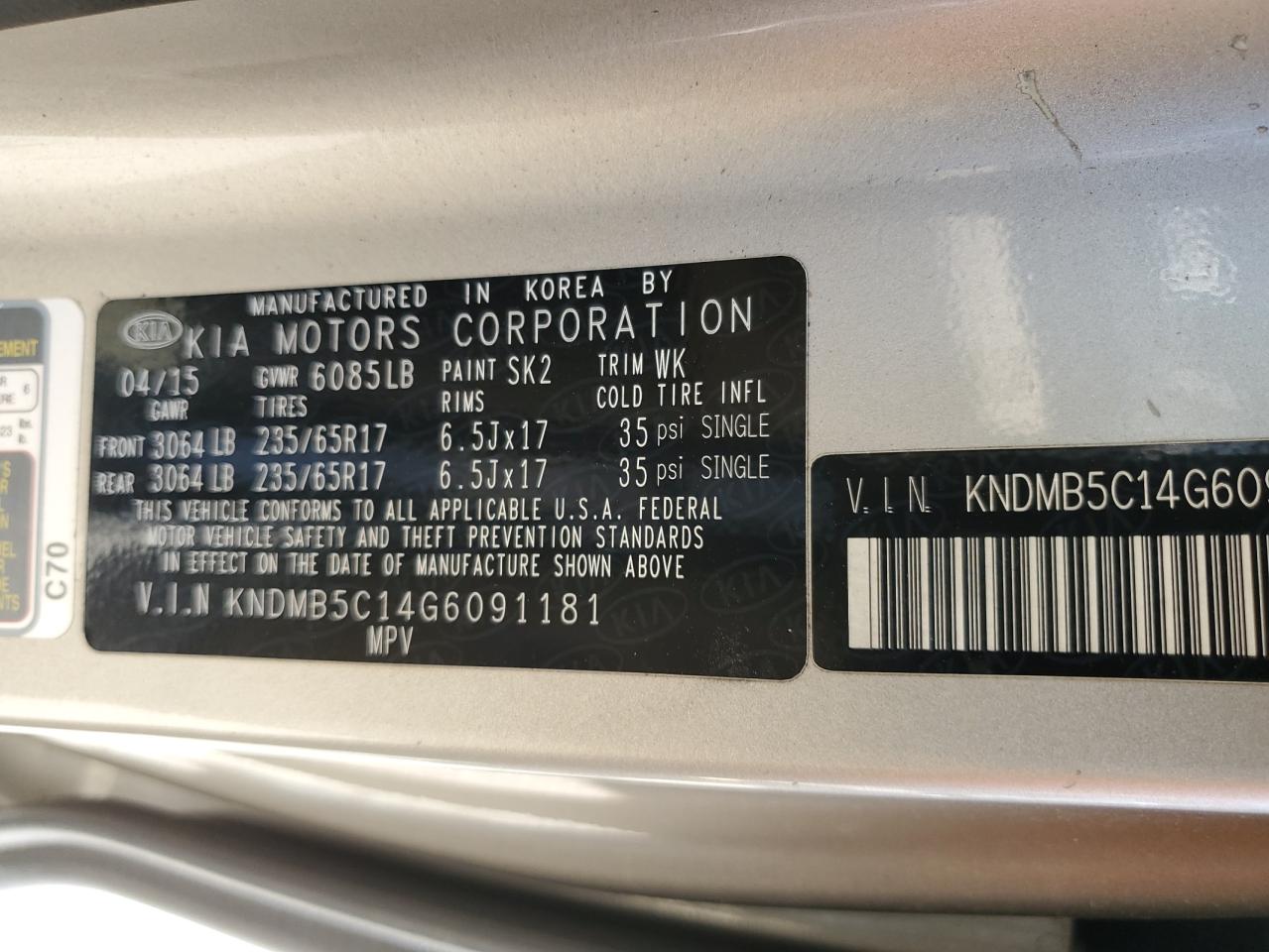 2016 Kia Sedona Lx VIN: KNDMB5C14G6091181 Lot: 63123985