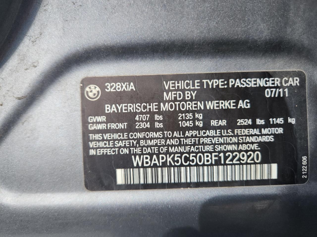 2011 BMW 328 Xi Sulev VIN: WBAPK5C50BF122920 Lot: 65016685