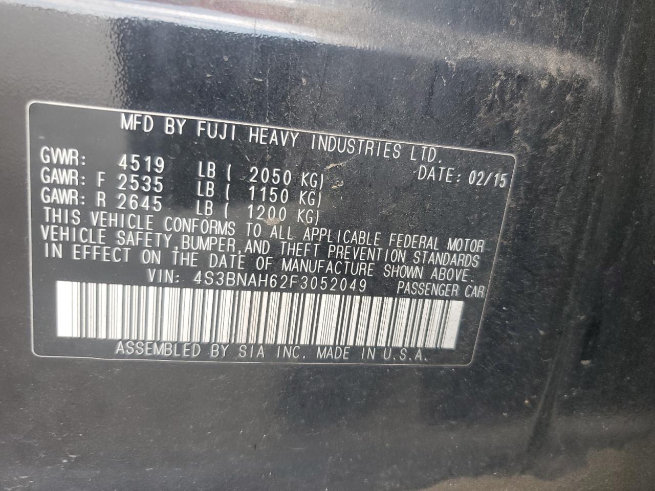 2015 Subaru Legacy 2.5I Premium VIN: 4S3BNAH62F3052049 Lot: 64449815