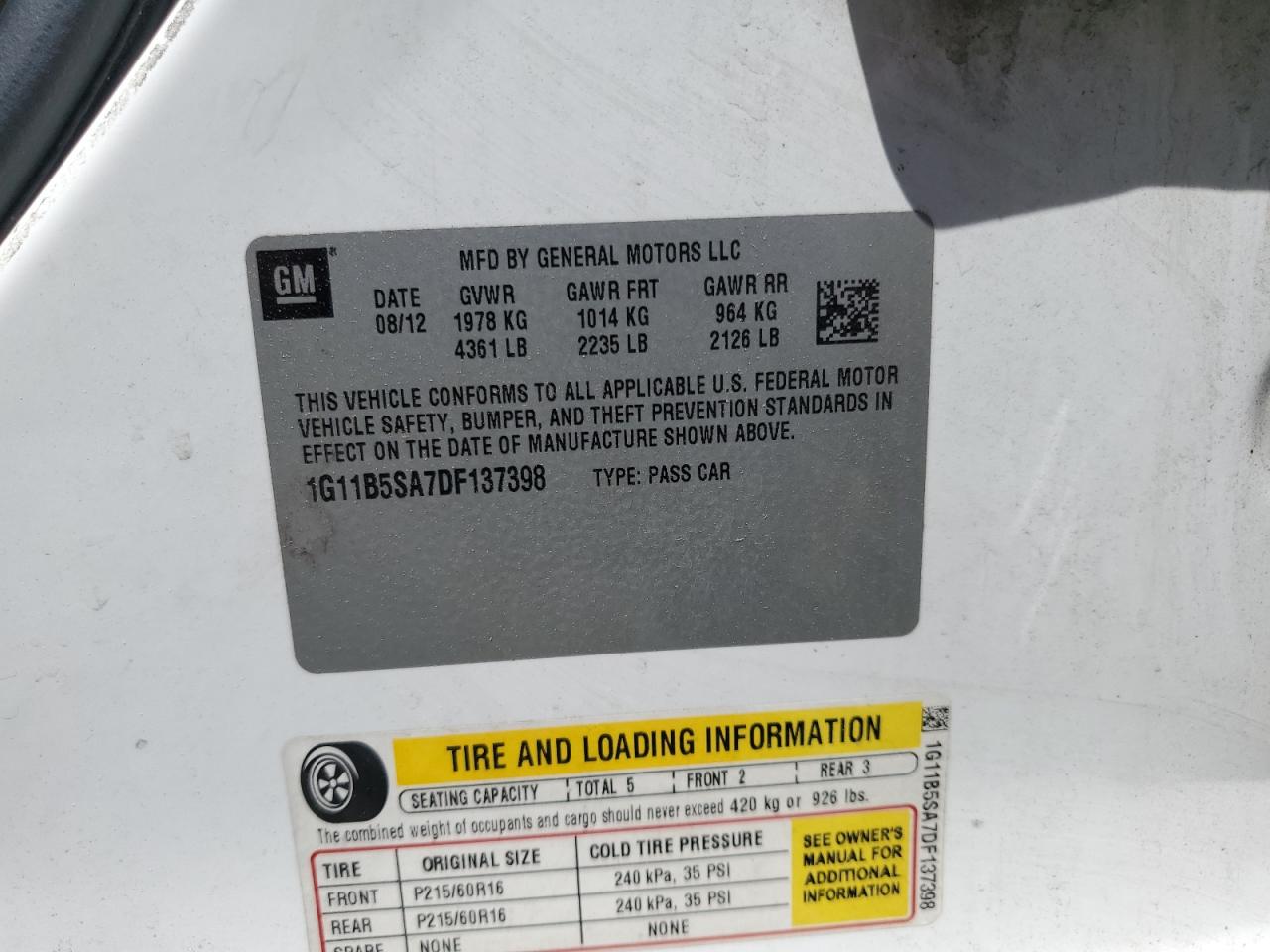 2013 Chevrolet Malibu Ls VIN: 1G11B5SA7DF137398 Lot: 65077775