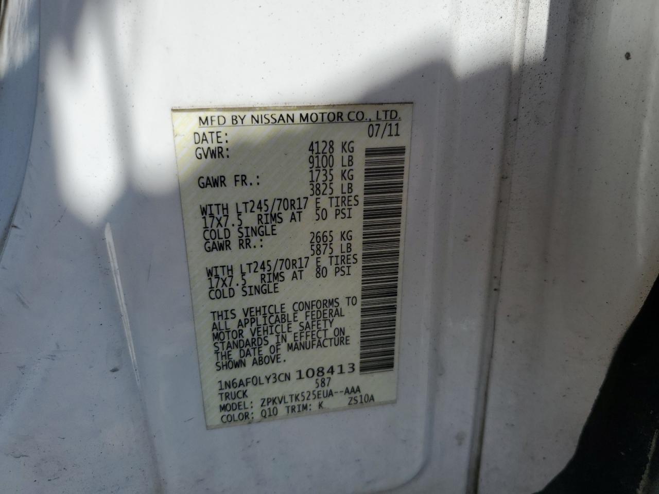 1n6af0ly3cn108413 1N6AF0LY3CN108413 2012 Nissan Nv 2500