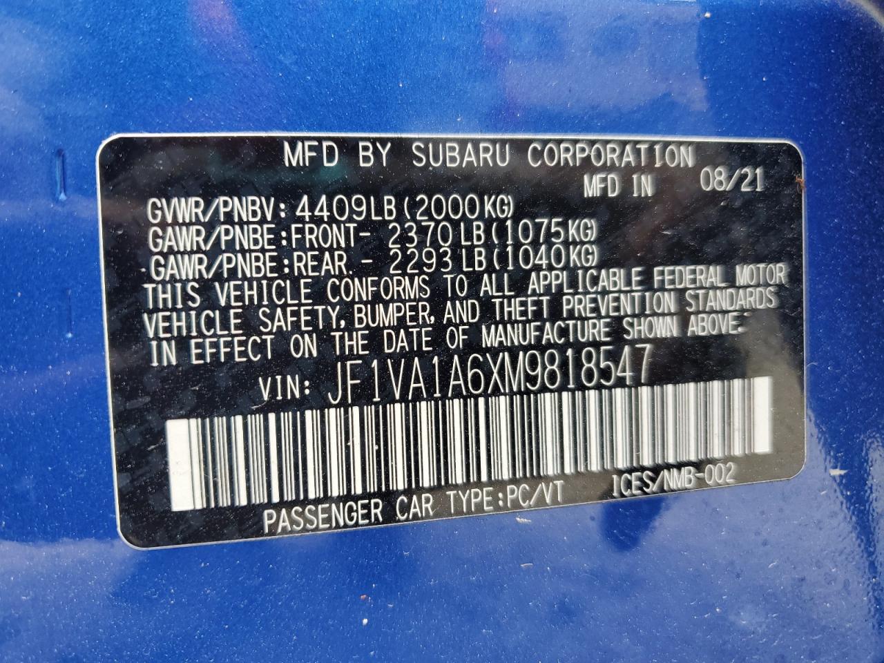 2021 Subaru Wrx VIN: JF1VA1A6XM9818547 Lot: 64762565