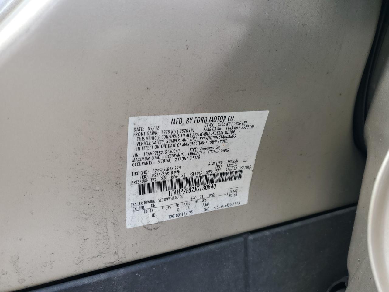 2018 Ford Taurus Sel VIN: 1FAHP2E82JG130840 Lot: 64185835