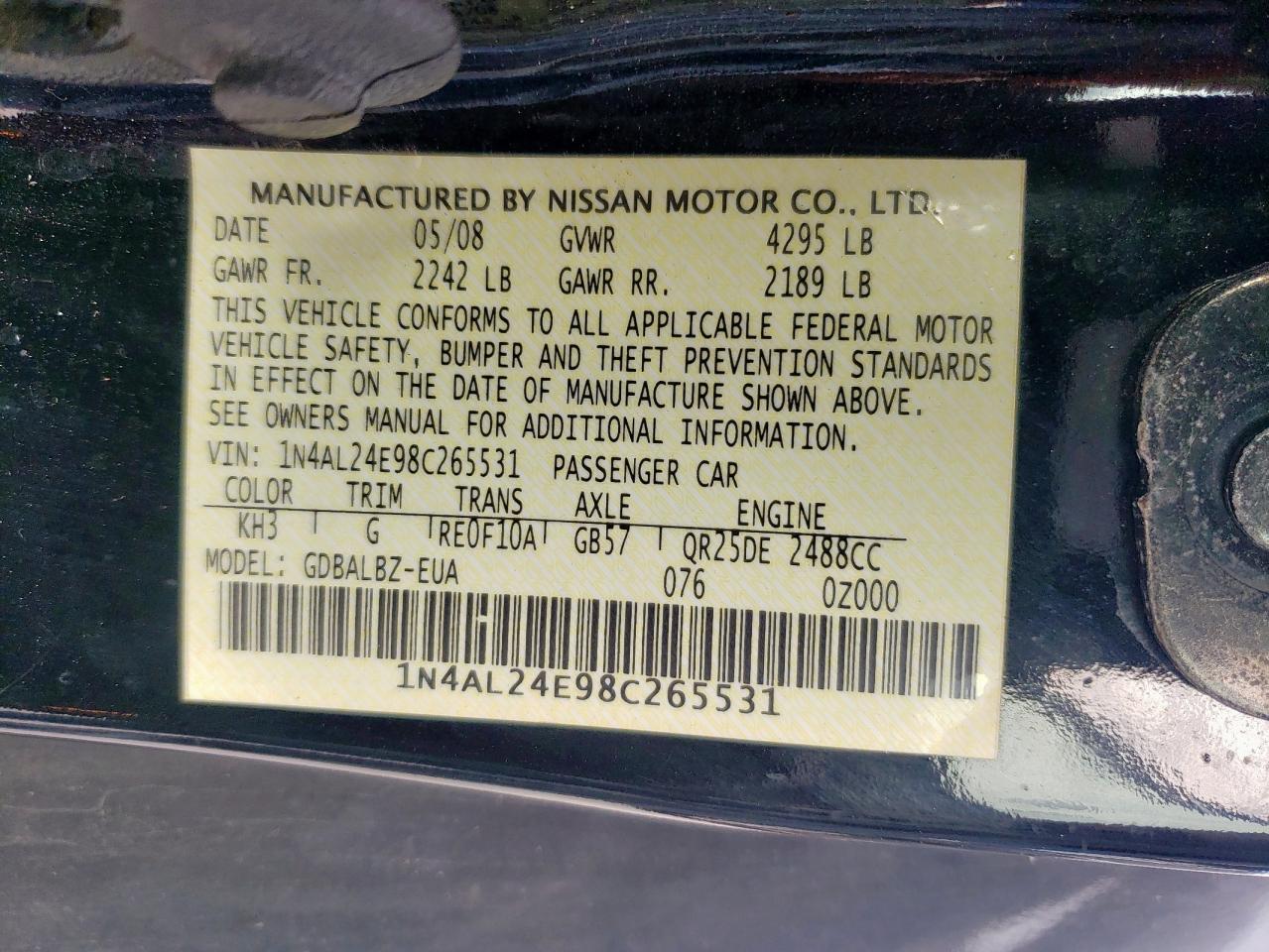 2008 Nissan Altima 2.5S VIN: 1N4AL24E98C265531 Lot: 62629875