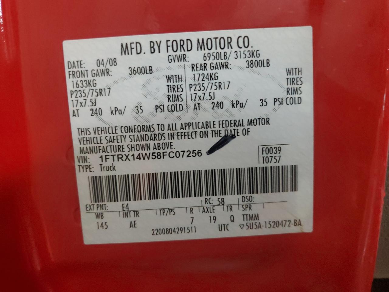 2008 Ford F150 VIN: 1FTRX14W58FC07256 Lot: 65446045