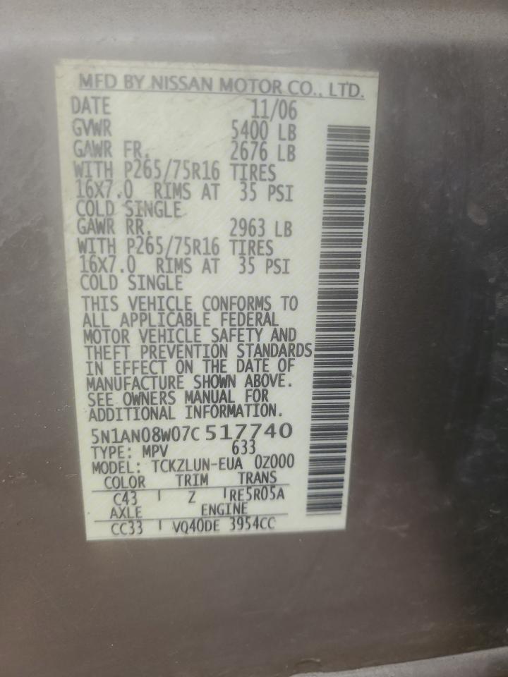 2007 Nissan Xterra Off Road VIN: 5N1AN08W07C517740 Lot: 64790855