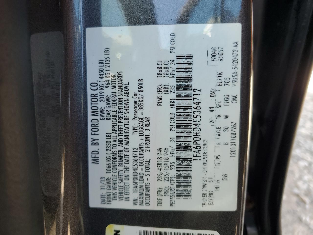 2014 Ford Fusion Se VIN: 1FA6P0HD4E5364712 Lot: 64698955