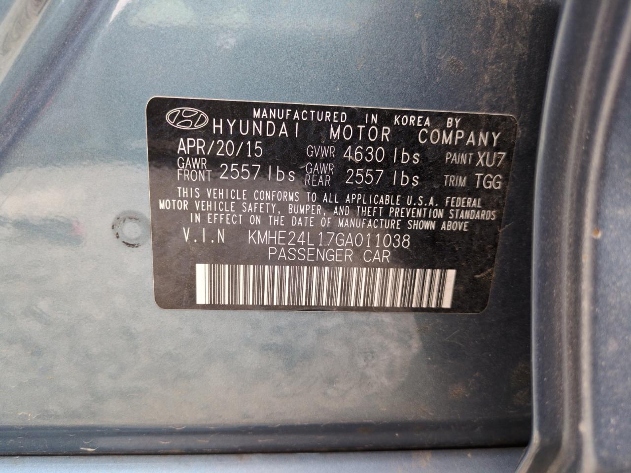 2016 Hyundai Sonata Hybrid VIN: KMHE24L17GA011038 Lot: 64370965