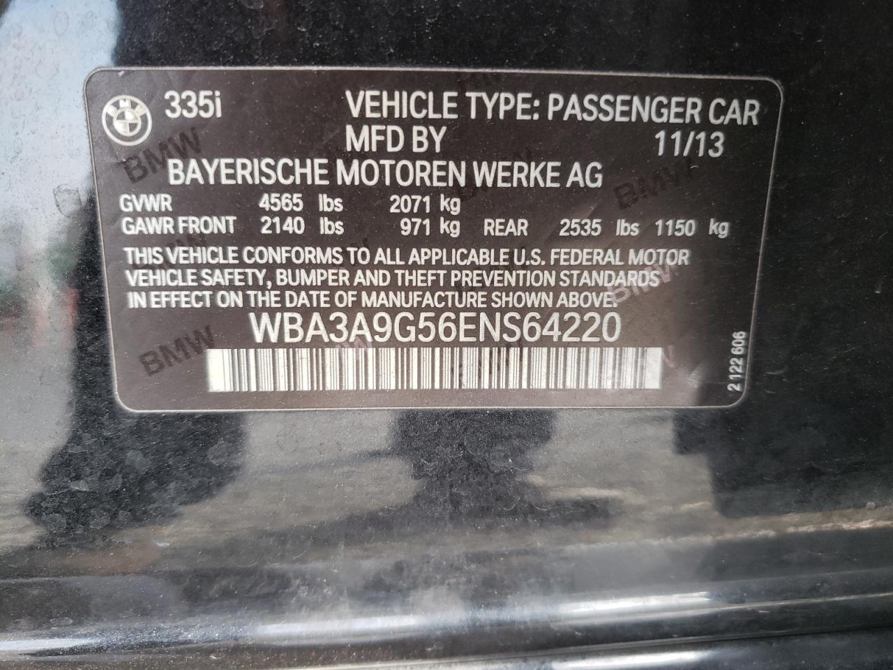 2014 BMW 335 I VIN: WBA3A9G56ENS64220 Lot: 65003125