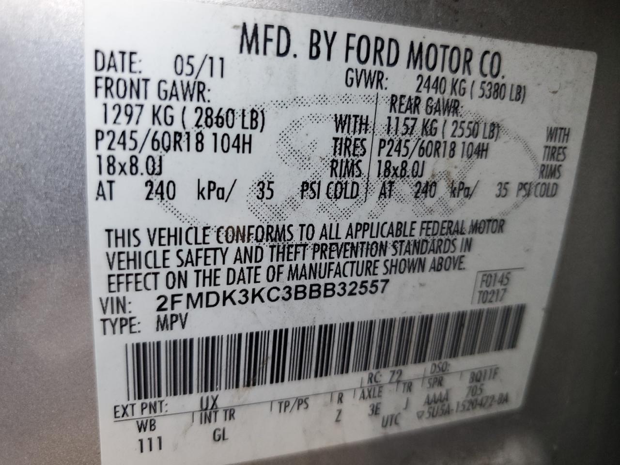 2011 Ford Edge Limited VIN: 2FMDK3KC3BBB32557 Lot: 65133805