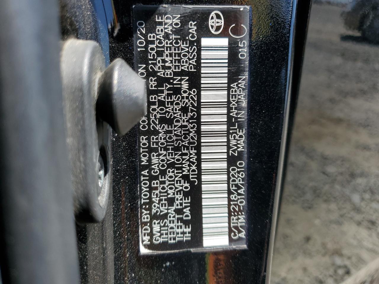 2021 Toyota Prius Special Edition VIN: JTDKAMFU2M3137226 Lot: 63308235