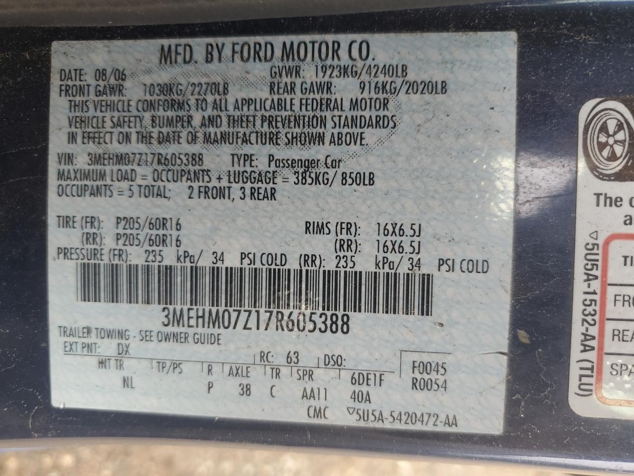 2007 Mercury Milan VIN: 3MEHM07Z17R605388 Lot: 63395705