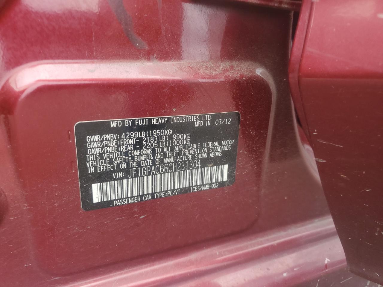 2012 Subaru Impreza Premium VIN: JF1GPAC66CH231304 Lot: 62794305
