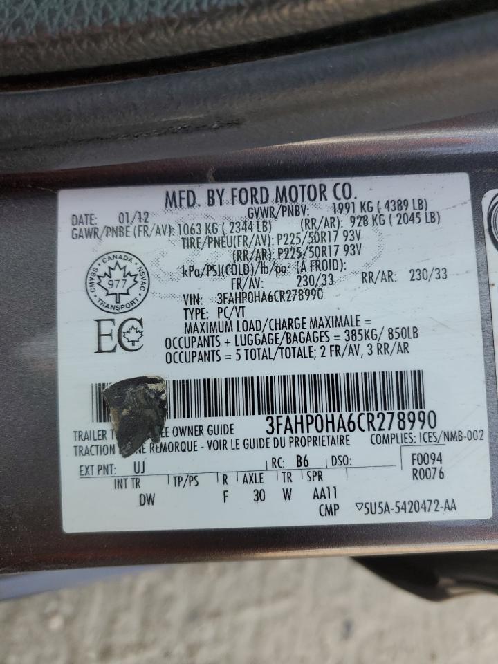 2012 Ford Fusion Se VIN: 3FAHP0HA6CR278990 Lot: 65139405