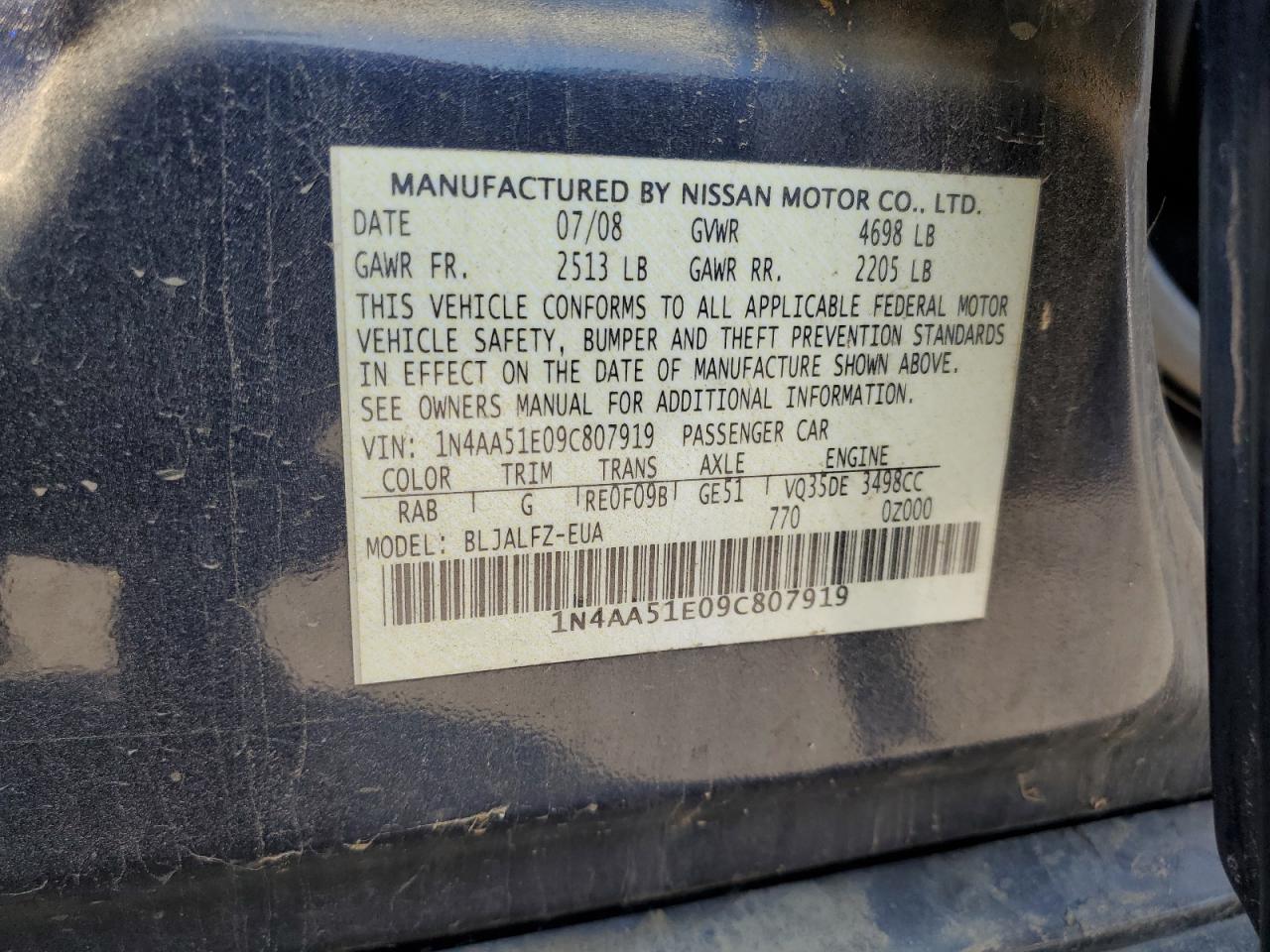 2009 Nissan Maxima S VIN: 1N4AA51E09C807919 Lot: 65080225
