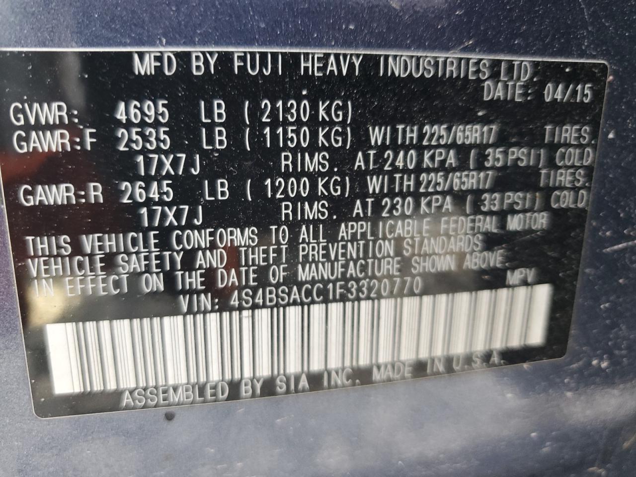 2015 Subaru Outback 2.5I Premium VIN: 4S4BSACC1F3320770 Lot: 64655135