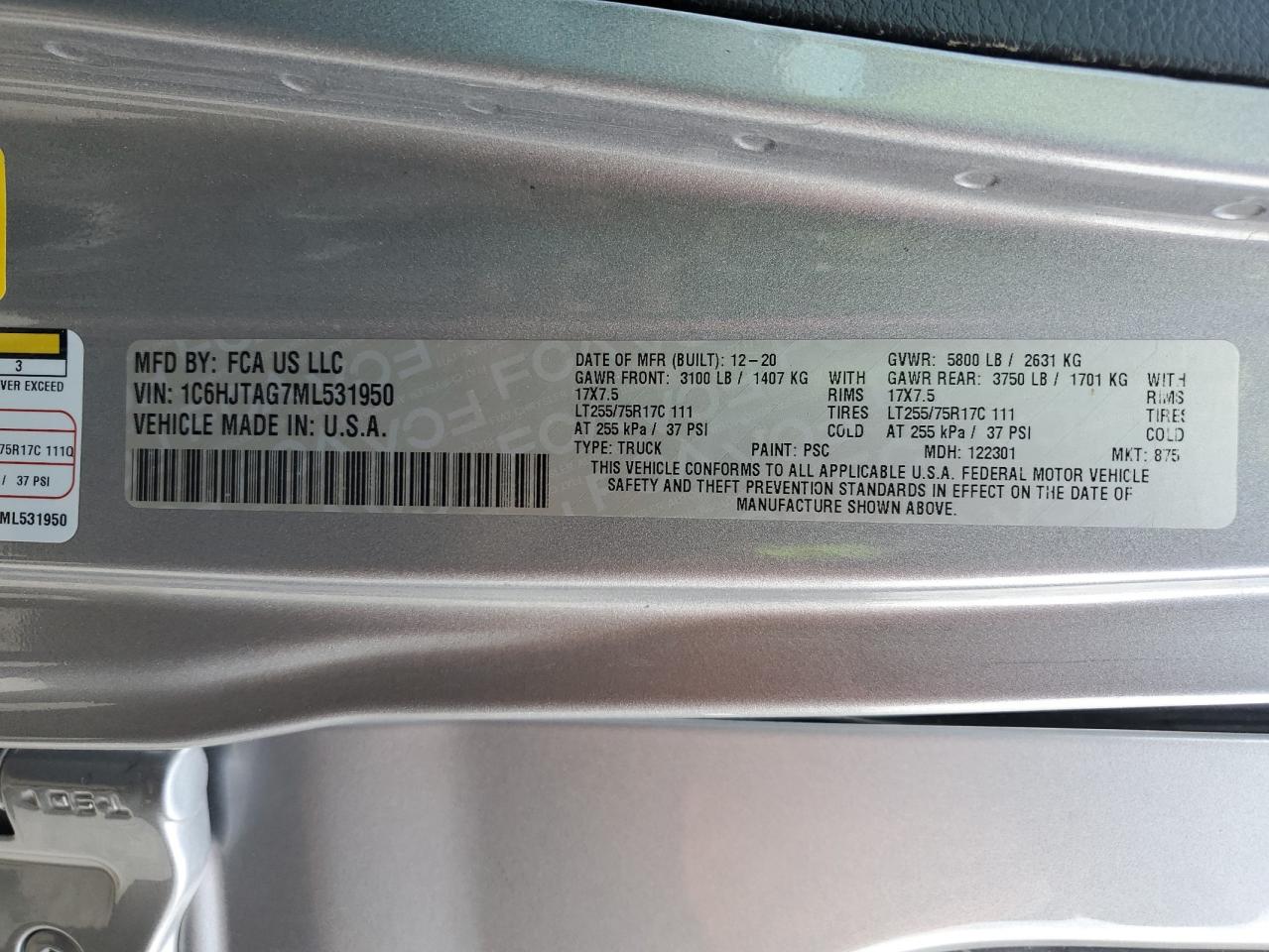 2021 Jeep Gladiator Sport VIN: 1C6HJTAG7ML531950 Lot: 63302535