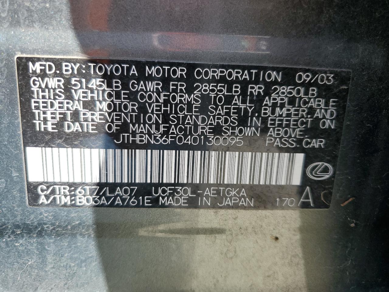 jthbn36f040130095 JTHBN36F040130095 2004 Lexus Ls 430
