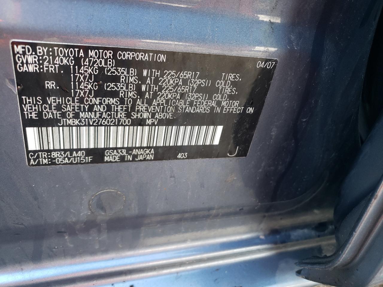 2007 Toyota Rav4 Limited VIN: JTMBK31V276021700 Lot: 62635485