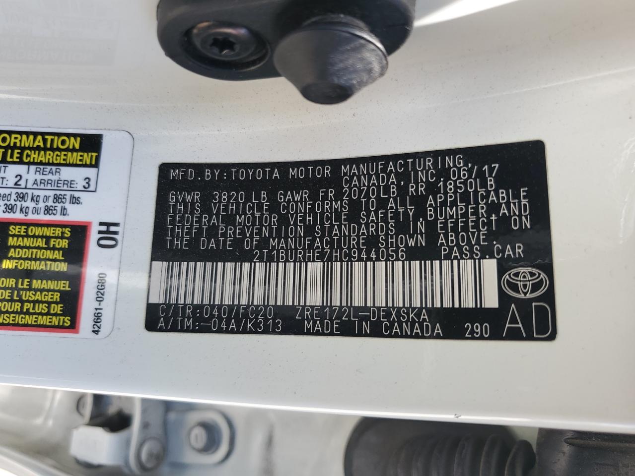 2017 Toyota Corolla L VIN: 2T1BURHE7HC944056 Lot: 64835785